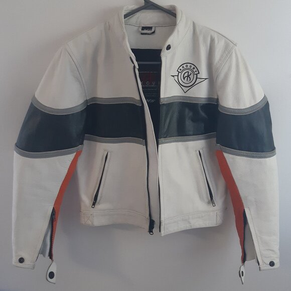 AKOURY Jackets & Blazers - AKOURY Genuine Leather Jacket Look Moto Racing XS Unisex White, Orange and Black